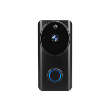 Black smart video doorbell with circular camera lens and blue-lit button offering mobile phone access functionality
