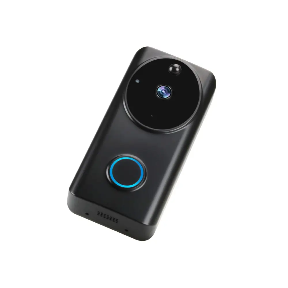 Black smart video doorbell with circular camera lens and glowing blue ring offers mobile phone access for enhanced security