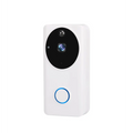 Black smart video doorbell with mobile phone access featuring a white rectangular body and circular camera lens with blue button