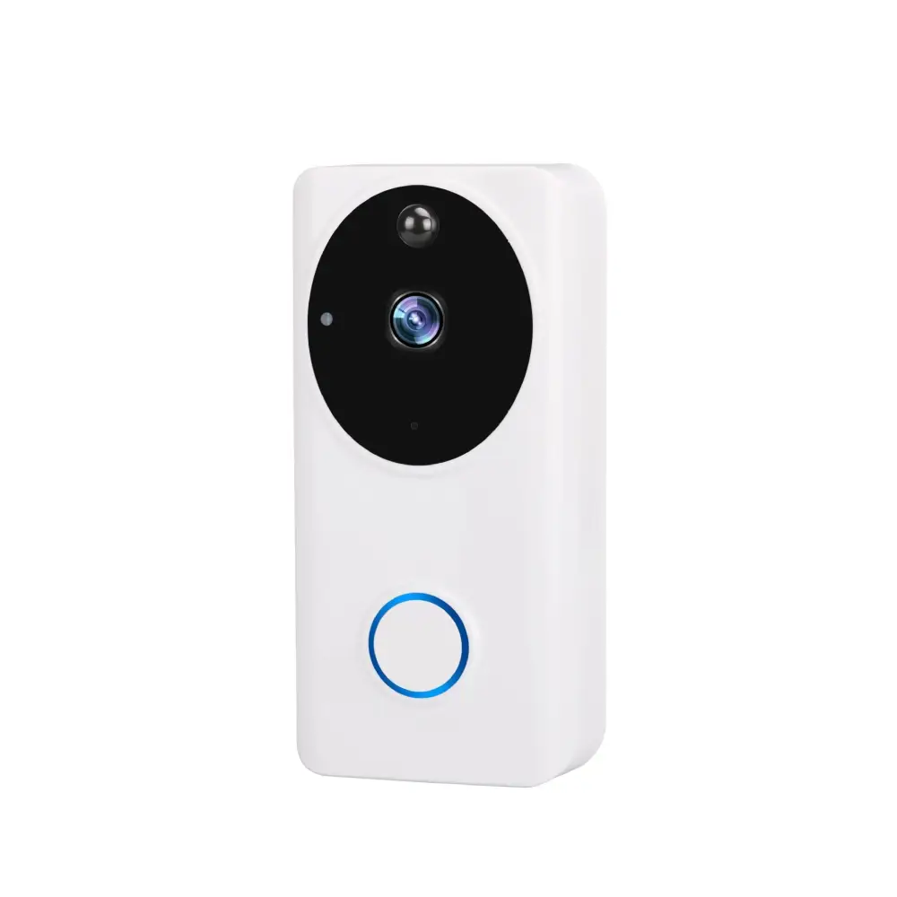 Black smart video doorbell with mobile phone access featuring a white rectangular body and circular camera lens with blue button