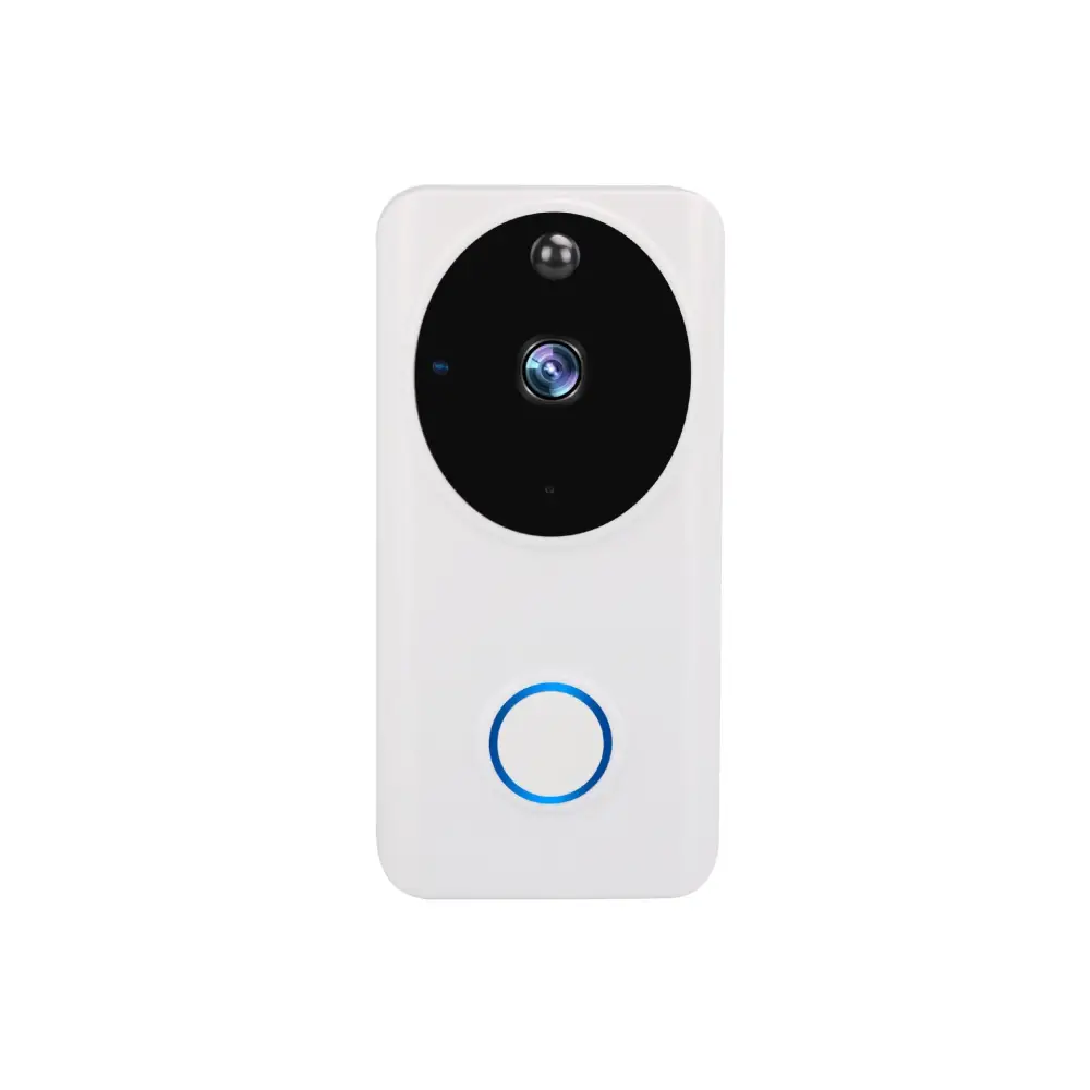 Black smart video doorbell with mobile phone access featuring a white body, circular camera lens, and blue illuminated button