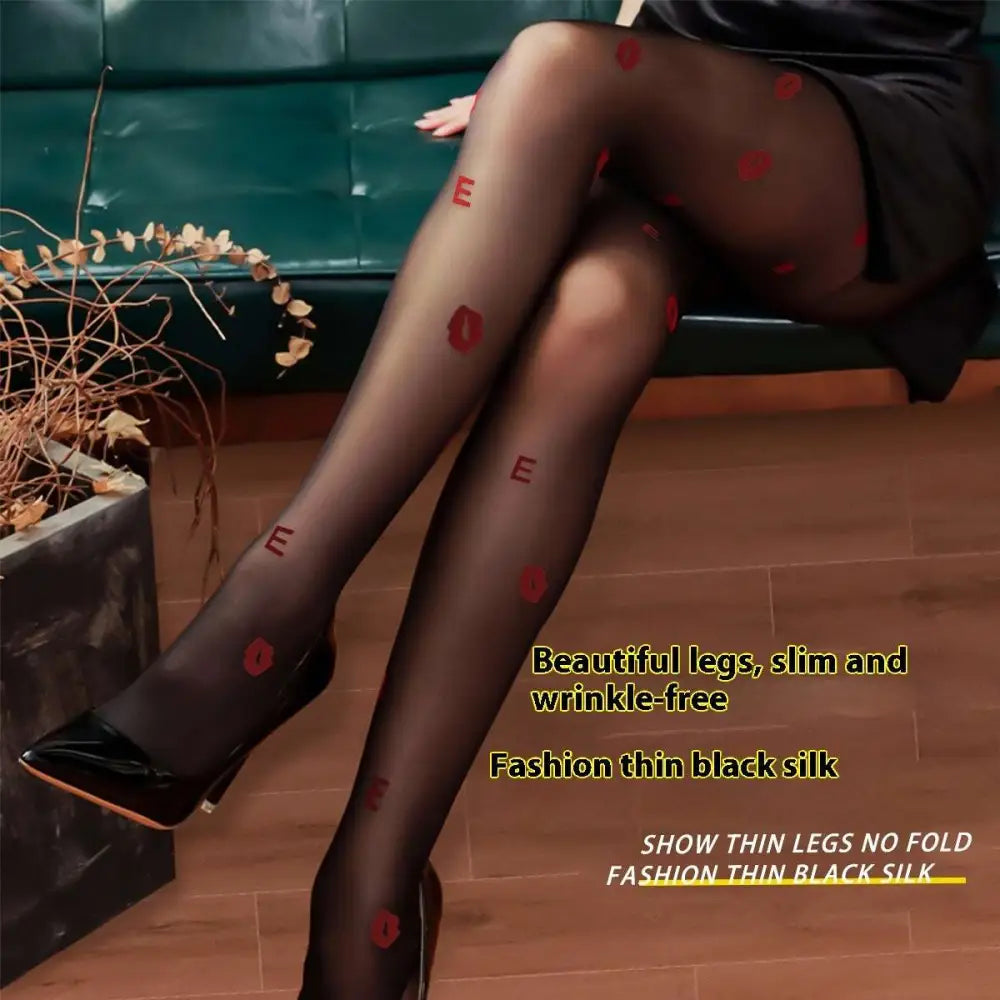 Black sheer snagging resistant sock leggings with red lipstick and letter e patterns for stylish wear