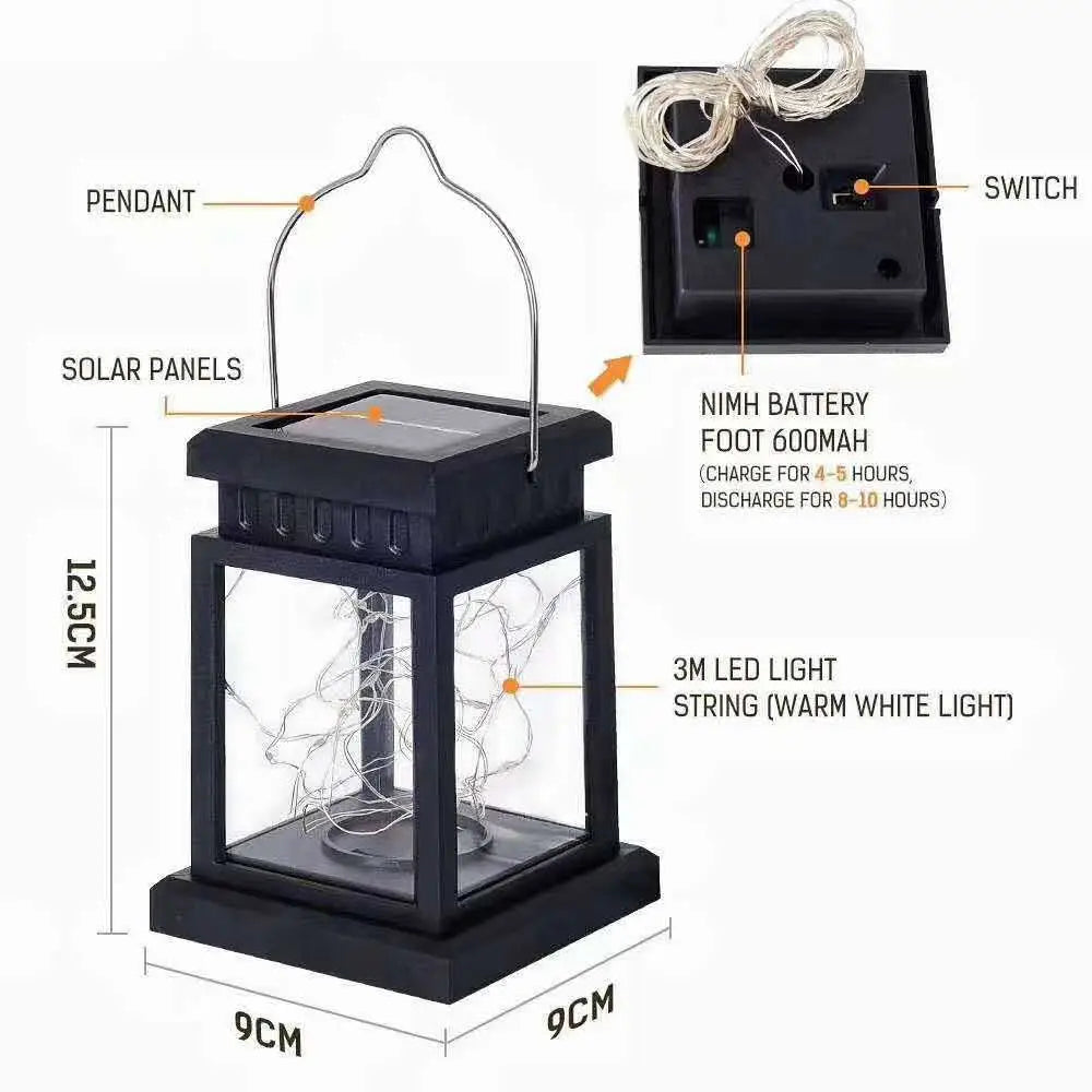 Black solar waterproof garden hanging lights with clear glass front and 3-meter warm white led string illumination