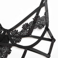 Black solid color lace bodysuit with intricate floral patterns and adjustable satin straps in black lace lingerie bra style