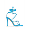 Black square toe high-heeled sandals featuring vibrant turquoise slender stiletto heel and lace-up ankle straps