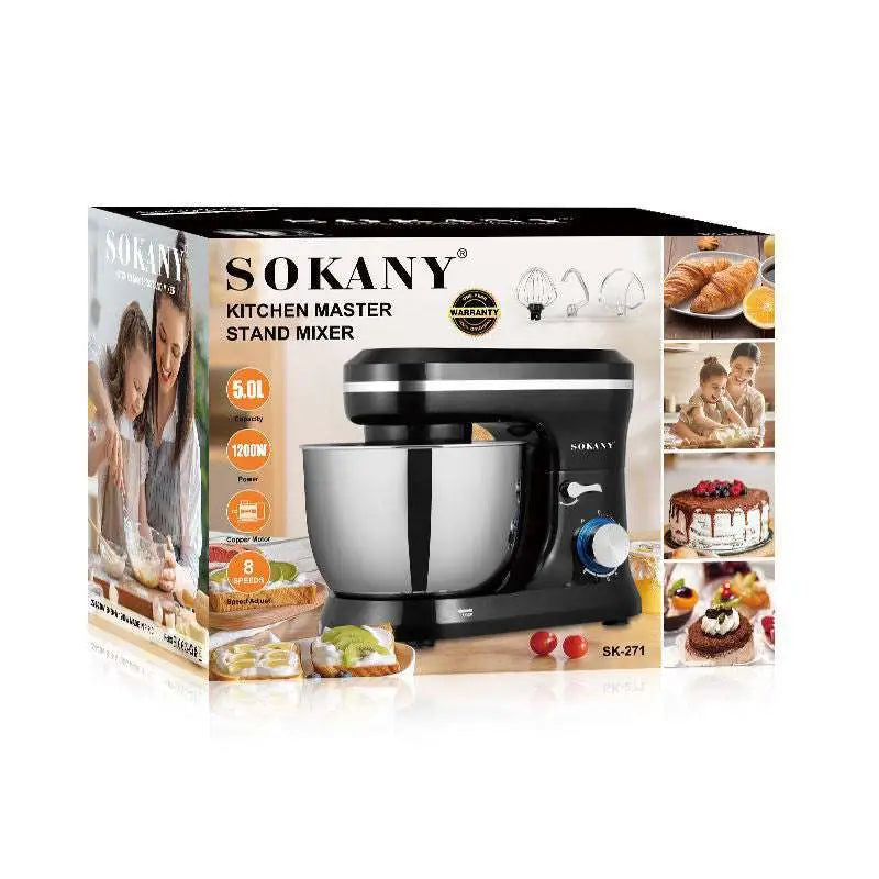 Black sokany stand mixer with stainless steel bowl and three attachments including egg beater and cream blender