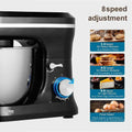 Black stand mixer with stainless steel bowl and blue-accented 8-speed dial for cream blending and egg beating tasks