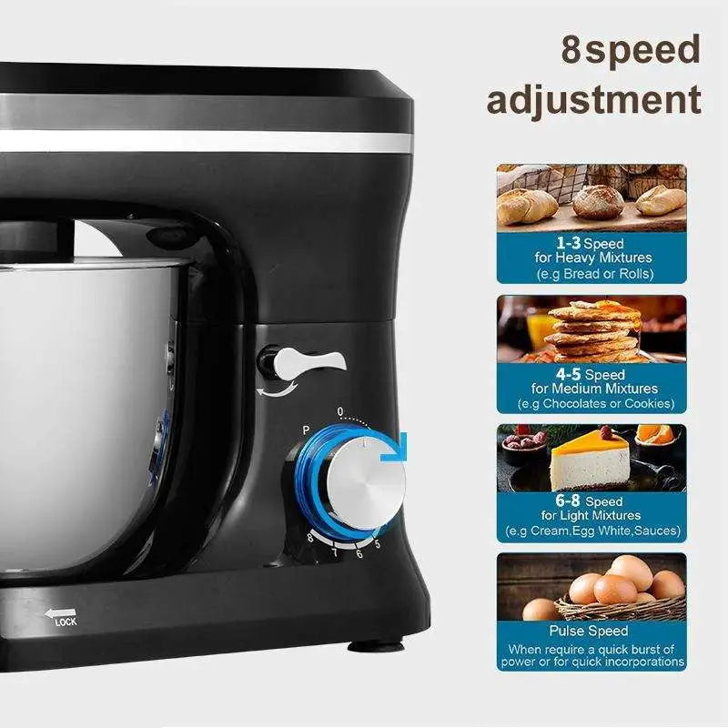 Black stand mixer with stainless steel bowl and blue-accented speed dial for 8-speed cream blender and egg beater functions