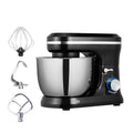 Black stand mixer with stainless steel bowl and silver accents featuring three attachments including cream blender and egg beater