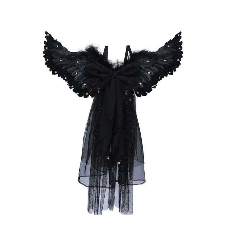 Black star feathered halloween performance costume featuring black angel wing dress with sheer tulle skirt and sparkling wings