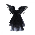 Black star feathered halloween performance costume featuring black angel wings with feathered edges and sparkling stars