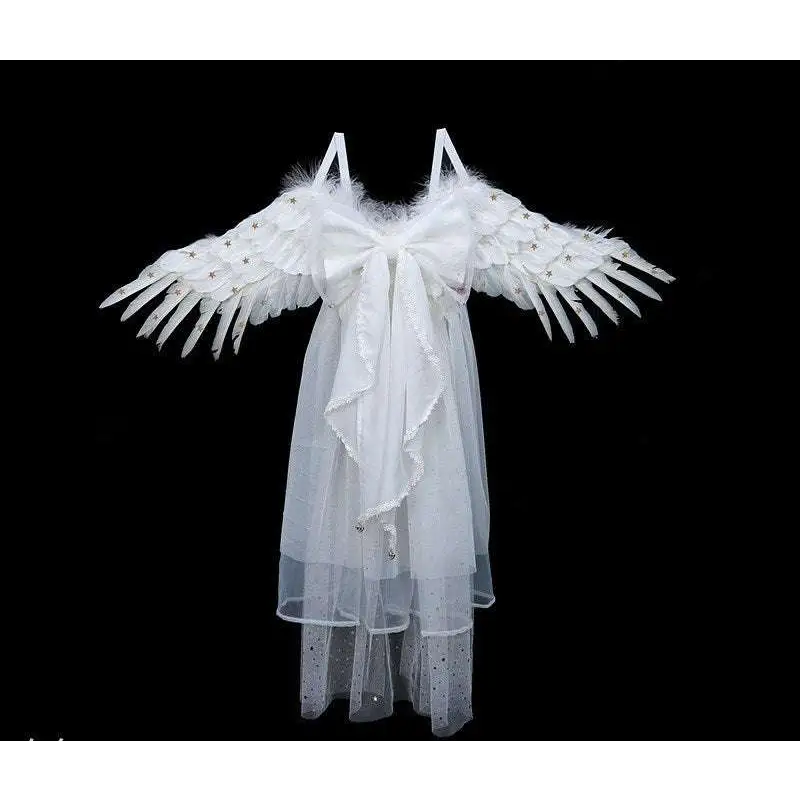 White angel halloween performance costume with black star feathered wings and sheer tulle skirt with star embellishments