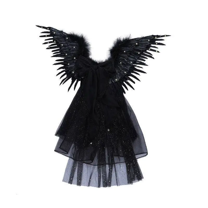 Black star feathered black angel wings costume with feathered edges and sparkling stars for halloween performance costume props
