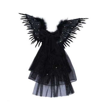 Black star feathered black angel wings costume with feathered edges and sparkling stars for halloween performance costume props