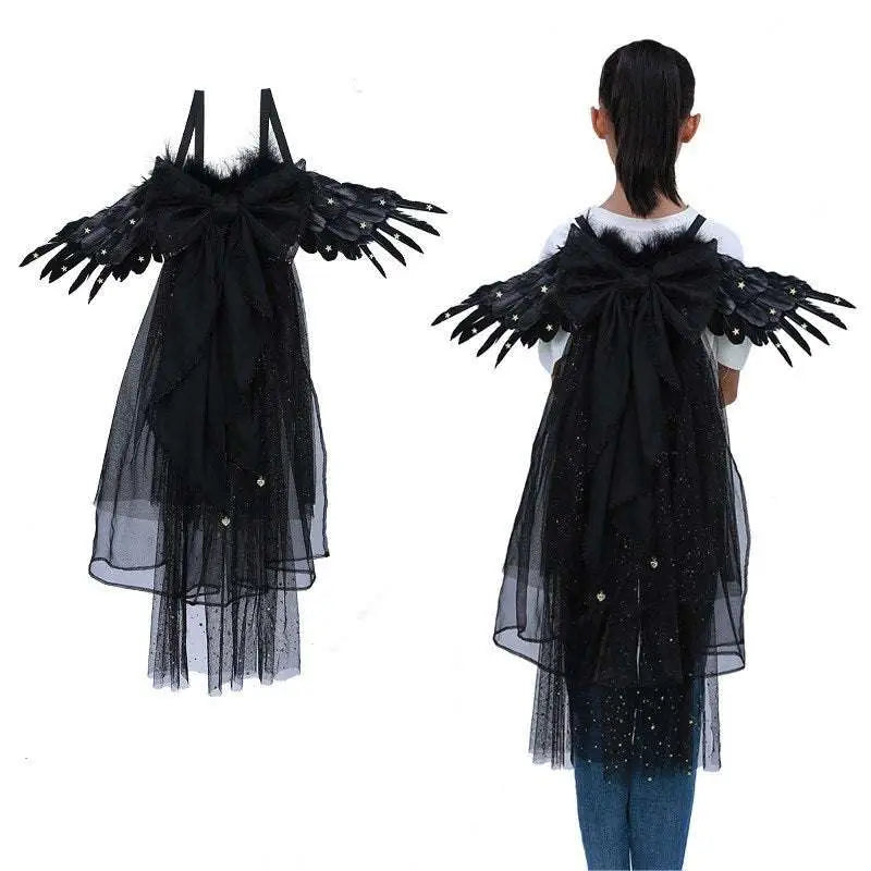 Black star feathered black tulle angel wing halloween performance costume with glittery feathers and large bow