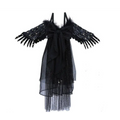 Black star feathered halloween performance costume featuring a black angel wing dress with sheer tulle layers and star embellishments