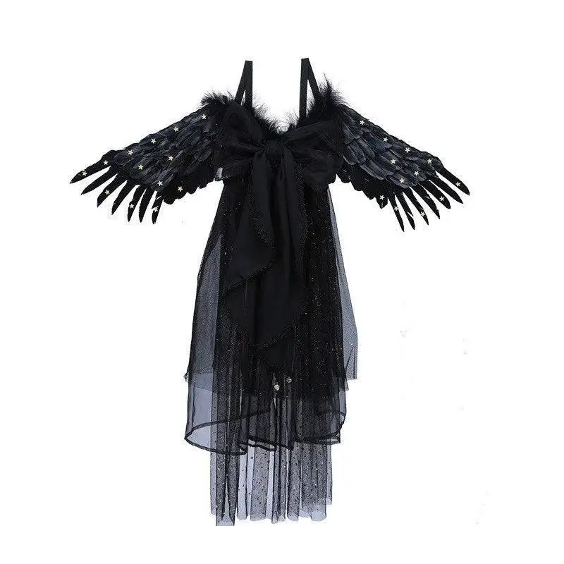 Black star feathered halloween performance costume featuring a black angel wing dress with sheer tulle layers and star embellishments