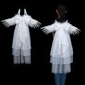 White angel wings with sheer tulle and feathered tips featuring a large bow on the back for halloween performance costume props