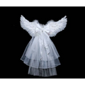 White angel wings decoration with layered tulle, feathered edges, rhinestones, and bow for black star feathered halloween performance costume props