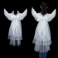 White angel wings halloween performance costume with feathery texture tulle overlay and large bow black star feathered