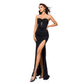 Black strapless ruched mermaid gown with corseted bodice and high slit hem evening dress for formal events