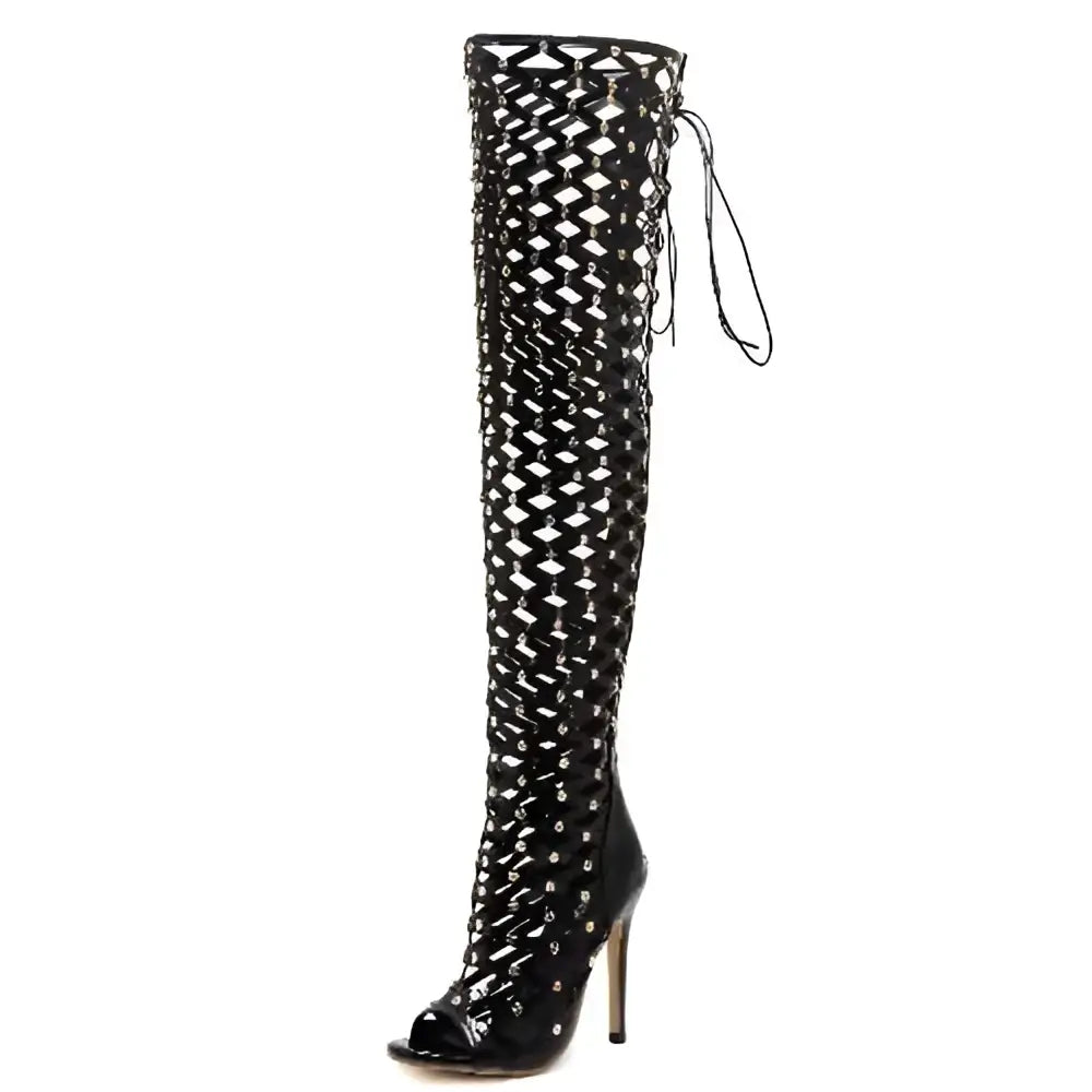 Black studded lace heel sandal boots featuring over-the-knee design with high stiletto heel and silver studs