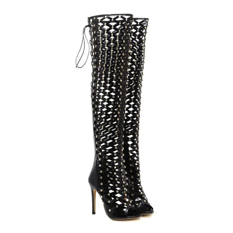 Black studded lace over-the-knee heel sandal boots with high stiletto heel and intricate lattice design
