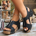 Black studded leather zipper wedges sandals with silver studs lightweight height increasing cork soles and zipper closure