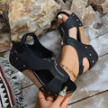 Black studded leather zipper wedges sandals with cork soles for lightweight height increasing and stylish wear