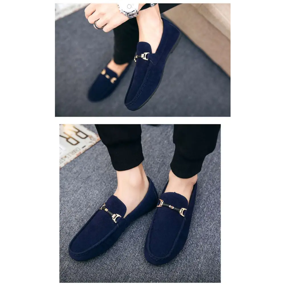 Navy blue suede loafers with flat heel and gold-tone horsebit buckle for casual wear