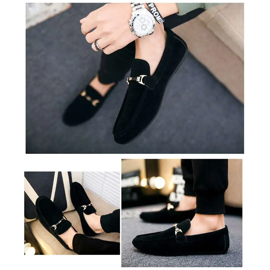 Black suede casual shoes peas with gold-tone horsebit buckle and flat heel for stylish everyday wear