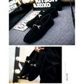 Black suede casual loafers with gold-tone horsebit buckle and flat heel for stylish everyday wear