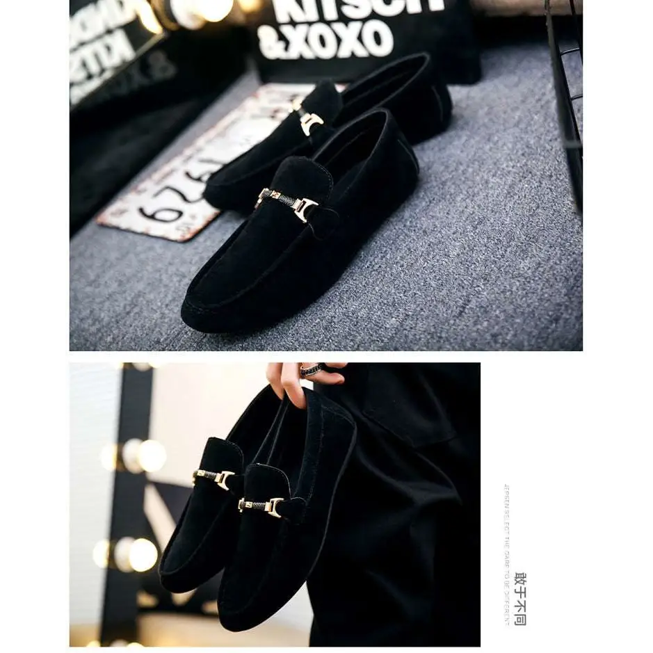 Black suede casual loafers with gold-tone horsebit buckle and flat heel for stylish everyday wear