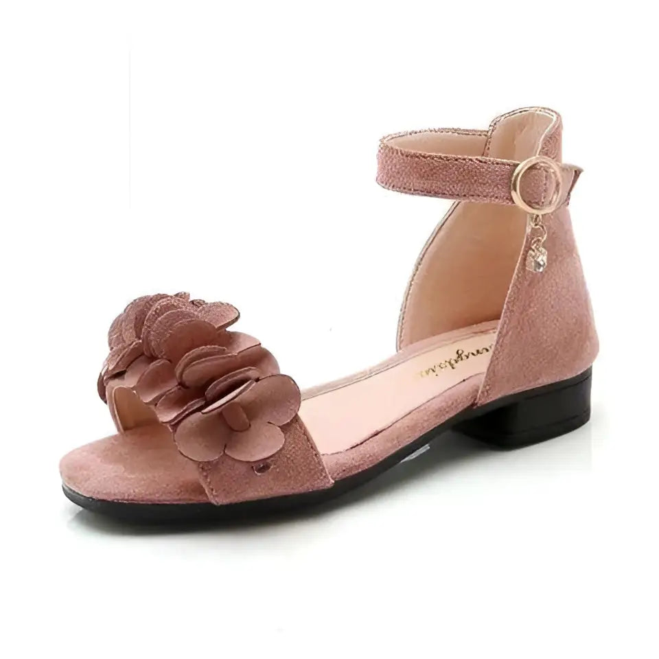 Pink suede floral girls sandals with ankle strap and embellishment for beach big princess occasions