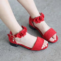 Red suede floral girls sandals with ankle straps and gold charm designed for beach big princess style