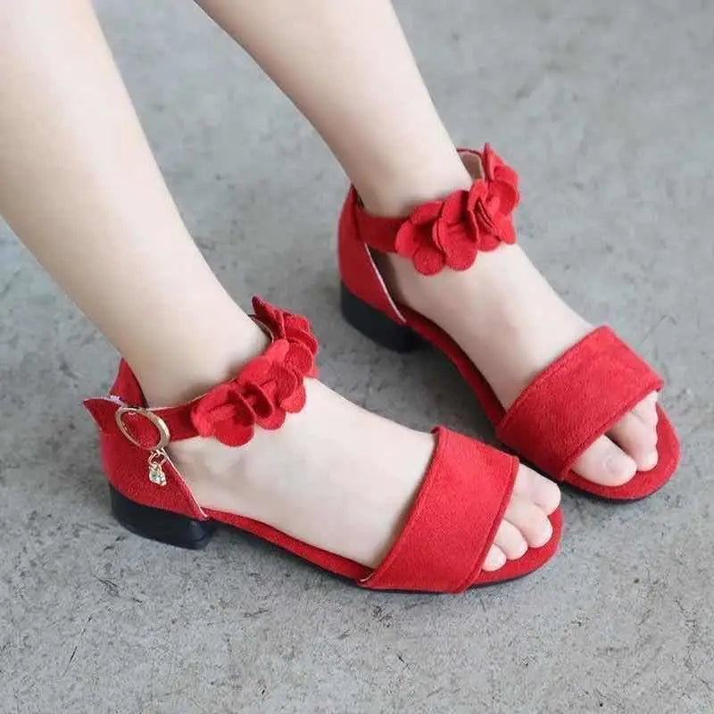 Red suede floral girls sandals with ankle straps and gold charm designed for beach big princess style