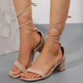 Beige suede strappy sandals with crisscross ankle ties and block heel for black suede plus size square toe lace-up sandals
