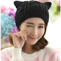Black textured cute knitted cat ear beanie made of soft yarn perfect for stylish winter wear