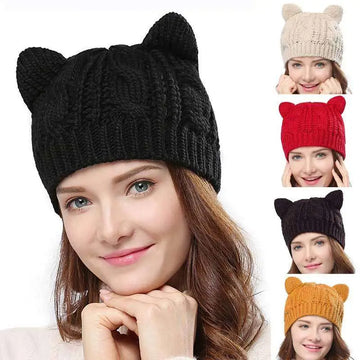 Black textured cute knitted cat ear beanie with a textured cable knit pattern in black yarn