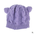 Black textured cute knitted cat ear beanie with soft lavender cable knit and rounded ear-like protrusions on top