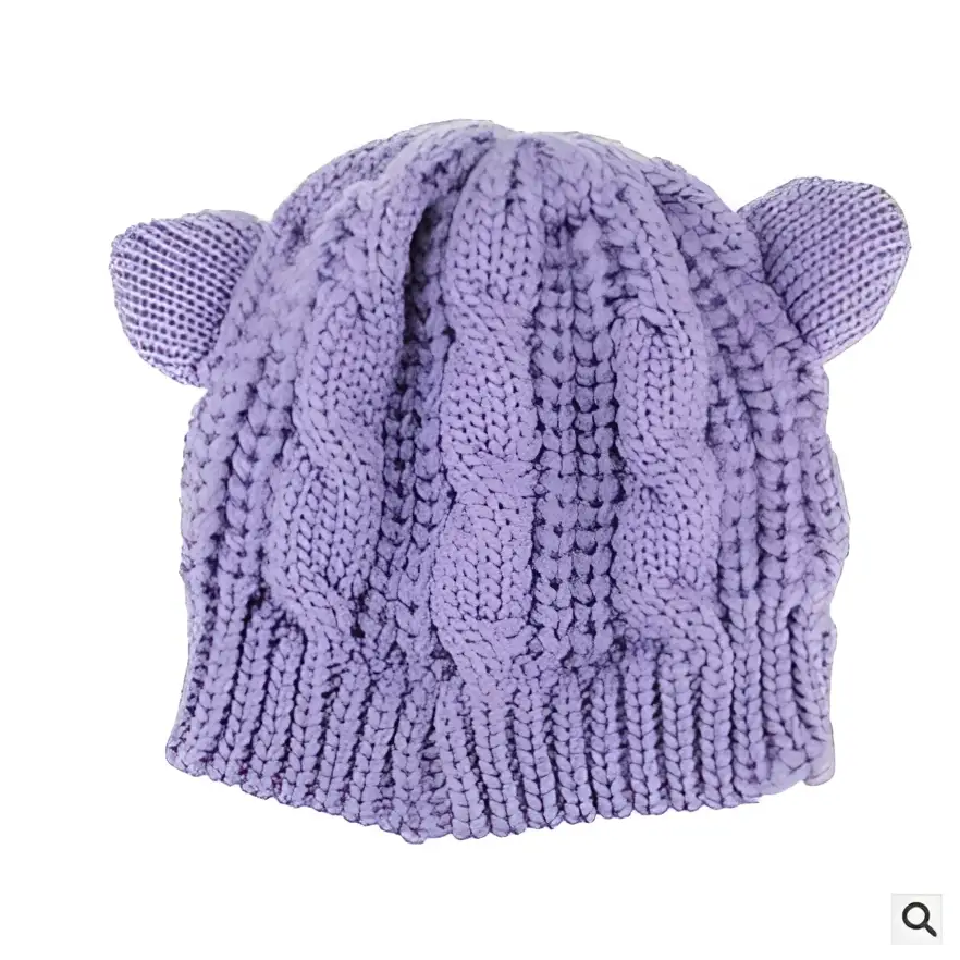Black textured cute knitted cat ear beanie with soft lavender cable knit and rounded ear-like protrusions on top