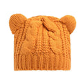 A cozy orange knitted beanie with cable knit pattern and rounded bear ears, contrasting black textured cute cat ear beanie style