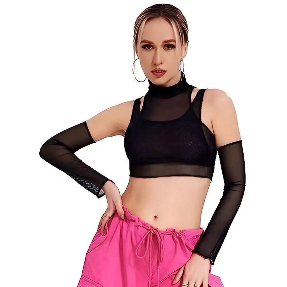 Black turtleneck navel mesh sheer t-shirt featuring a black mesh crop top with sheer long sleeves and high neckline