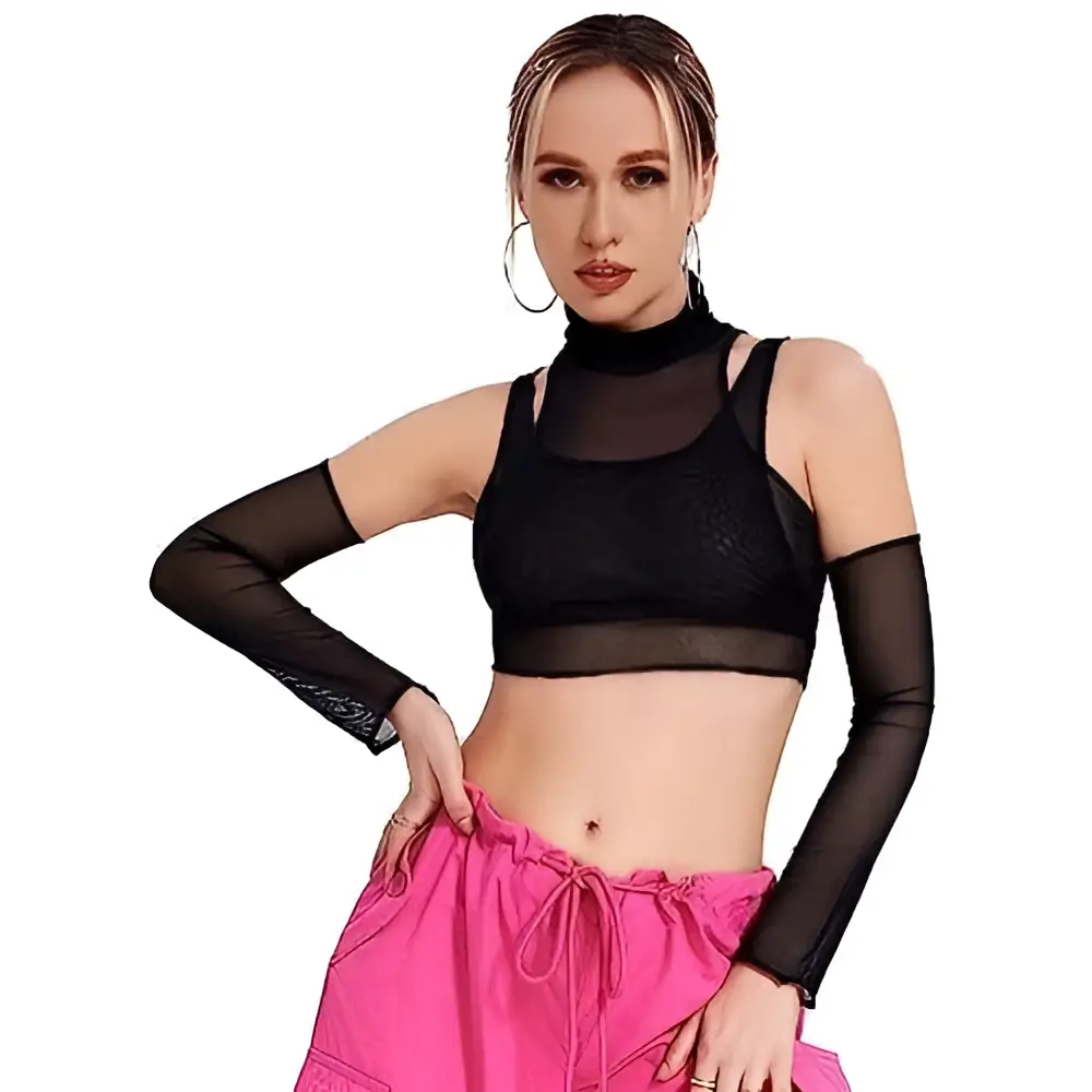 Black turtleneck navel mesh sheer t-shirt with long sheer sleeves and crop top design in black mesh fabric