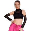 Black turtleneck navel mesh sheer t-shirt with long sheer sleeves and crop top design in black mesh fabric