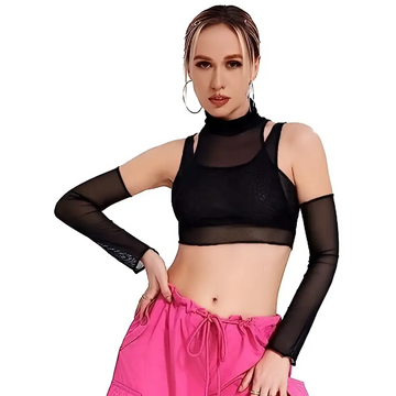 Black turtleneck navel mesh sheer t-shirt with long sheer sleeves and crop top design in black mesh fabric