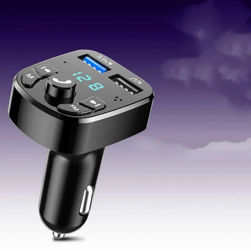 Black usb car charger with built-in bluetooth fm transmitter lossless mp playing digital display and multiple usb ports