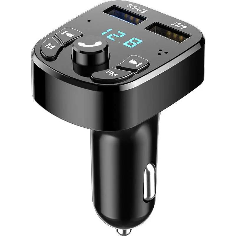 Black usb car charger with lossless mp playing digital display and multiple usb ports for convenient charging