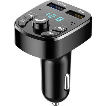 Black usb car charger with lossless mp playing digital display and multiple usb ports for convenient charging