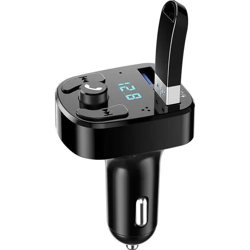 Black usb car charger with digital display and usb ports featuring lossless mp playing capability